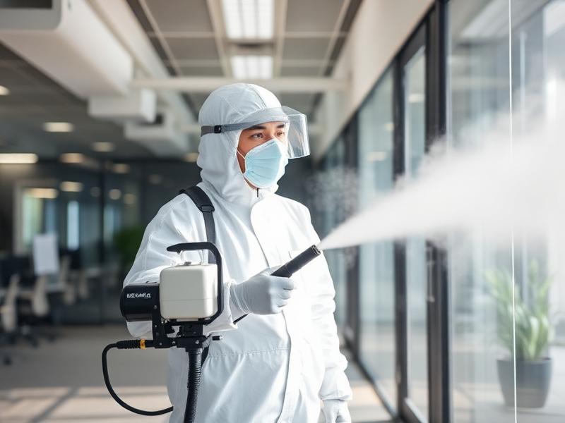 Technician in PPE fogging disinfectant inside an office