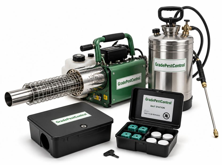 GradePestControl professional equipment: thermal fogger, spray tank and bait station kit