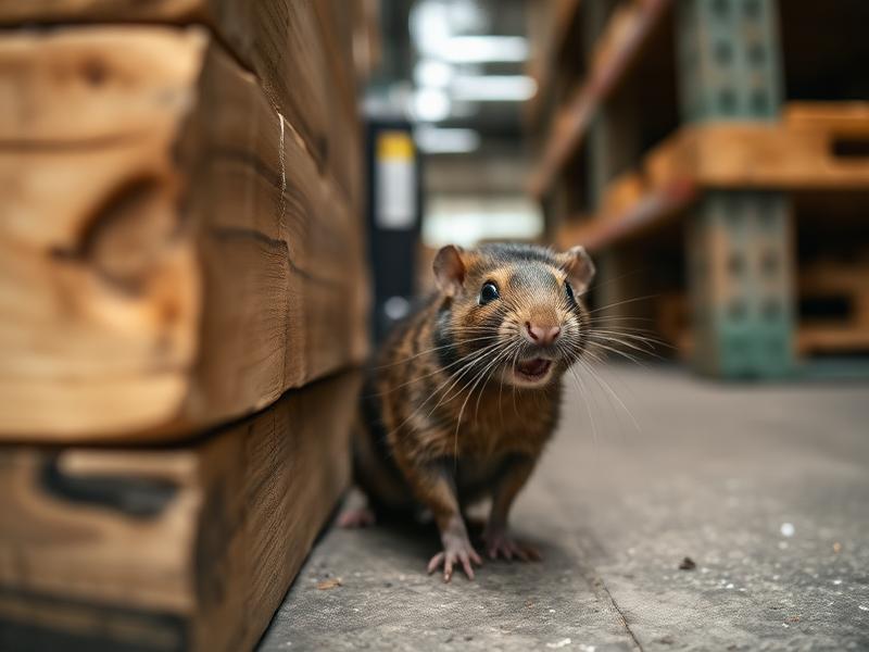 Rat peeking from behind a wooden pallet in a storeroom