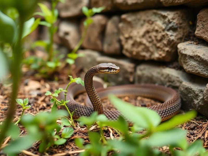 Brown snake coiled in a garden near a stone wall