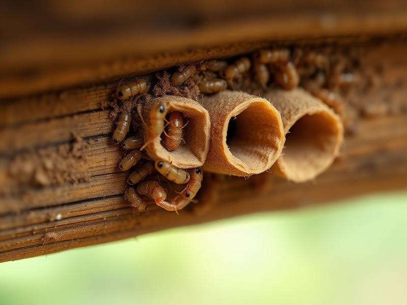 Termites and mud tubes on a wooden beam