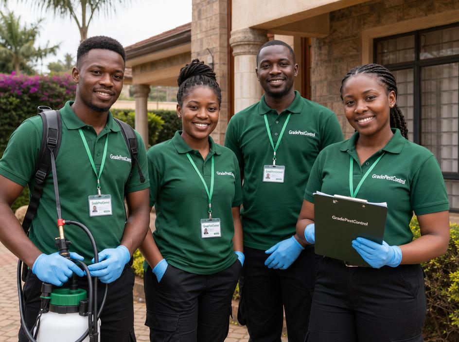 GradePestControl technicians in branded green uniforms in front of a Nairobi home